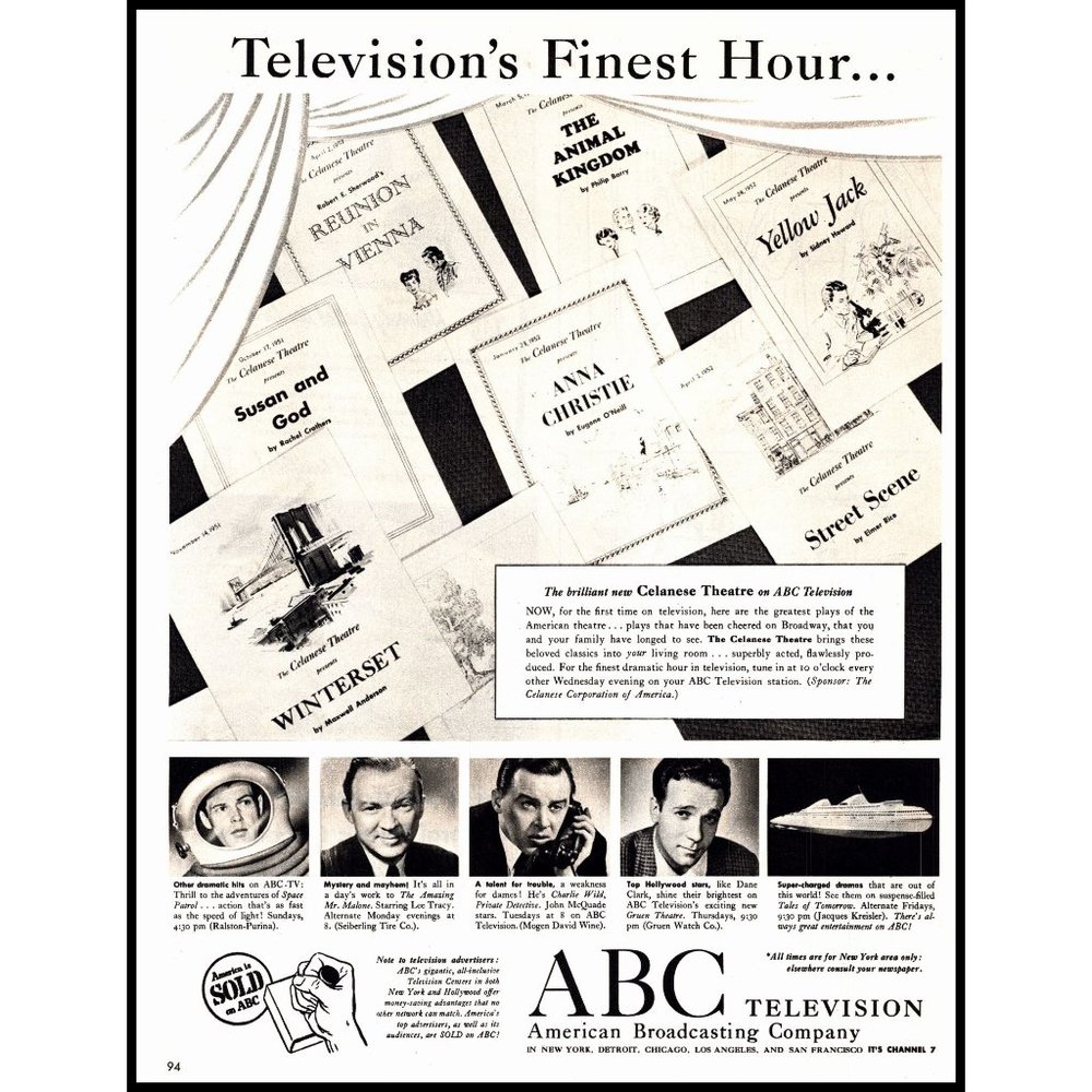 1951 ABC American Television Company Print Ad Celanese Theater Playbills Photo